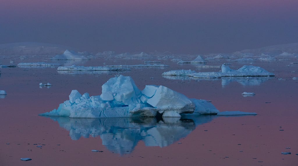 Alpenglow icebergs Antarctic Peninsula